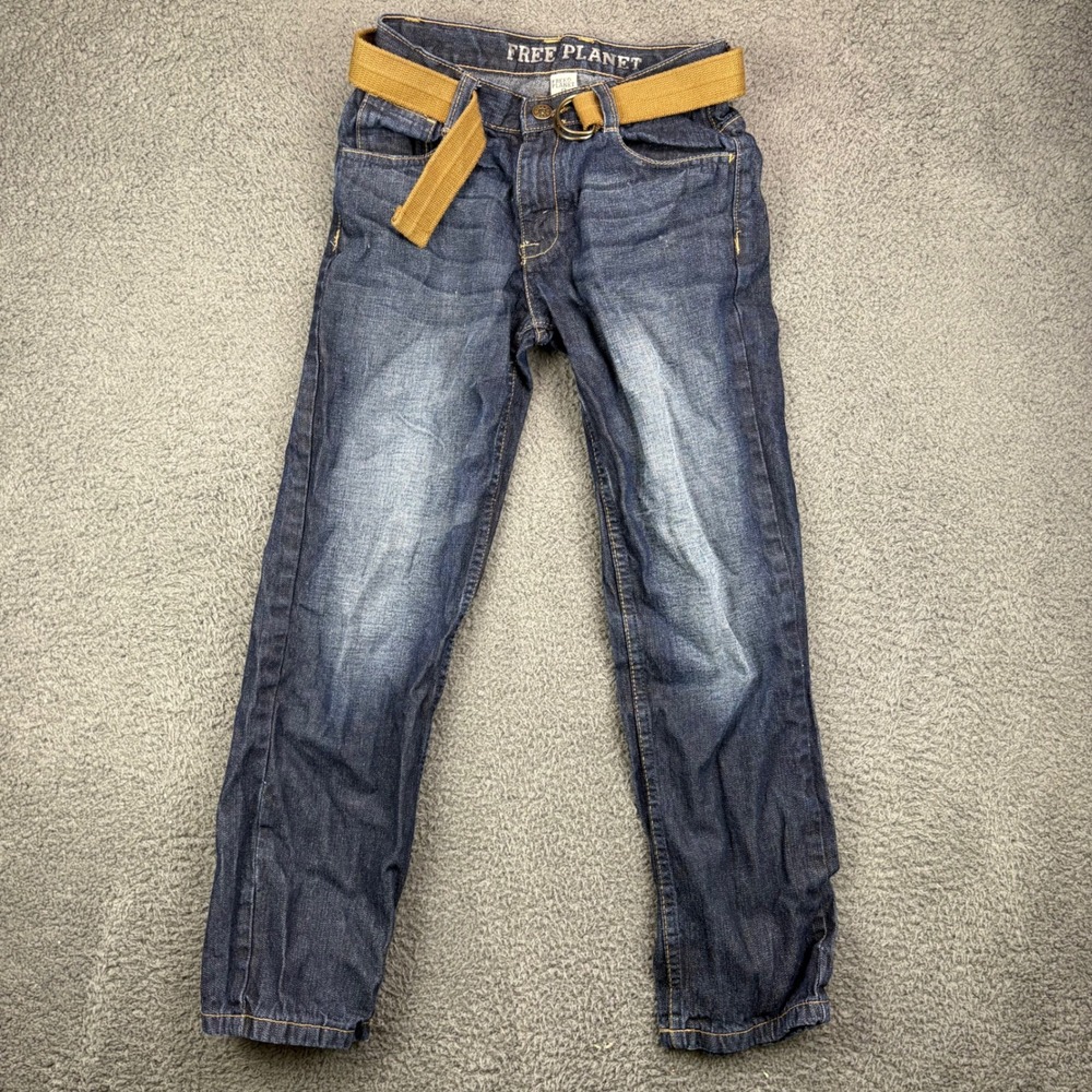 Free Planet Boys Jeans Size 12 Blue‎ Denim Belted Straight Leg Casual Pants